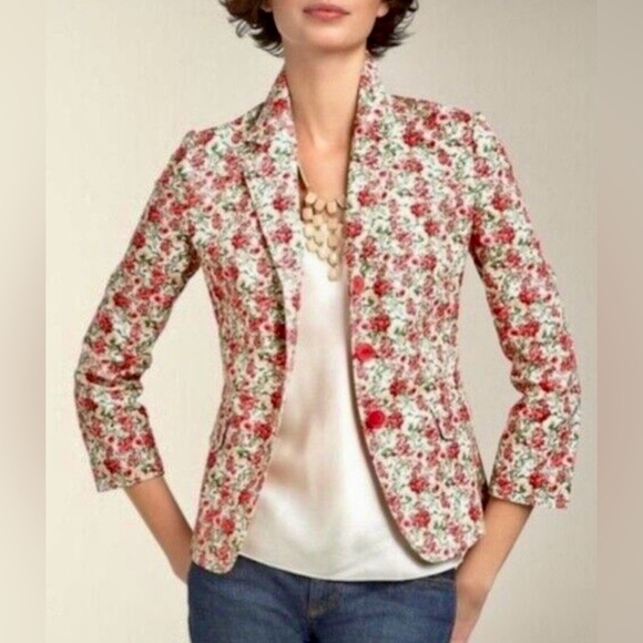 Talbots Floral Grace Fitted Cotton Blend Lined Pockets Button Rose Blazer Jacket - Picture 2 of 12